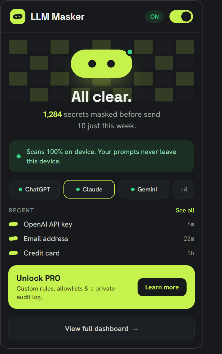 The LLM Masker popup: master on/off switch, total secrets masked, this week's count, protected sites, and recent activity.
