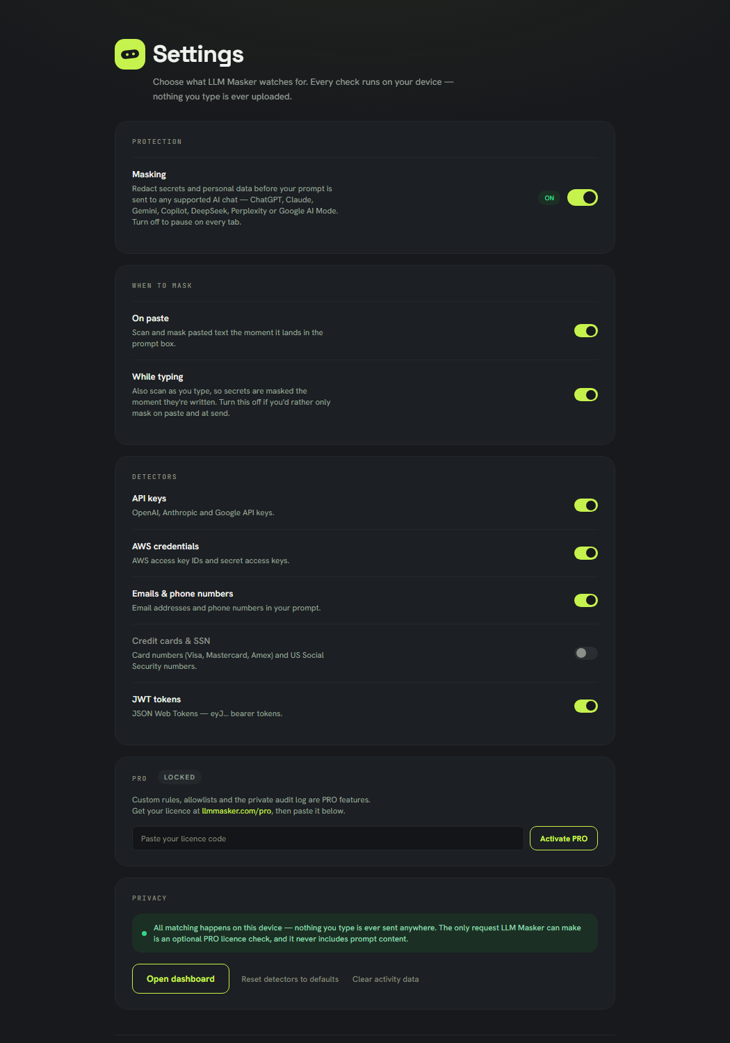LLM Masker settings: the master Masking switch, When to mask options for paste and typing, and per-detector toggles.