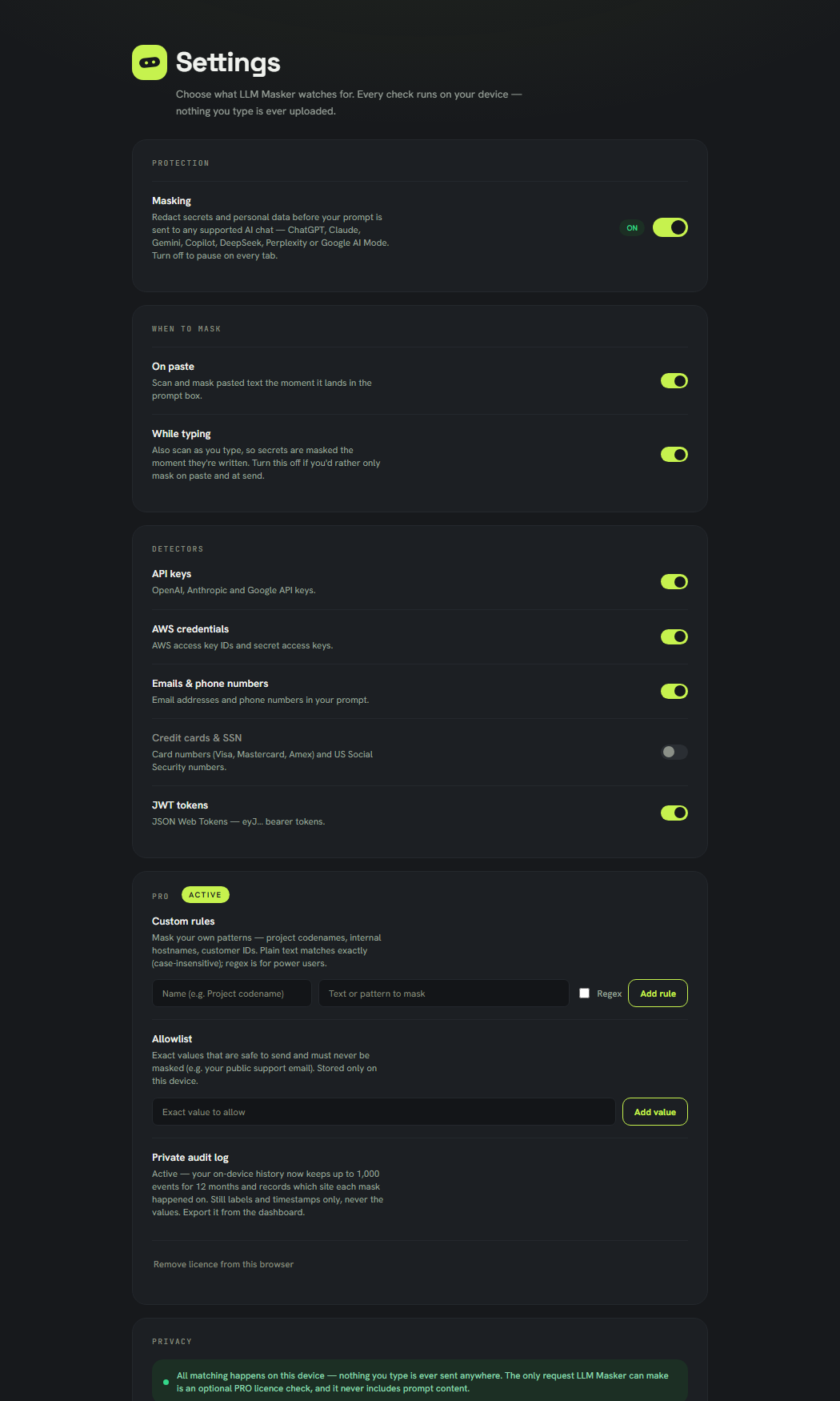 Settings with PRO active: custom rules with name, pattern and regex option; allowlist of values never to mask; and the private audit log status.